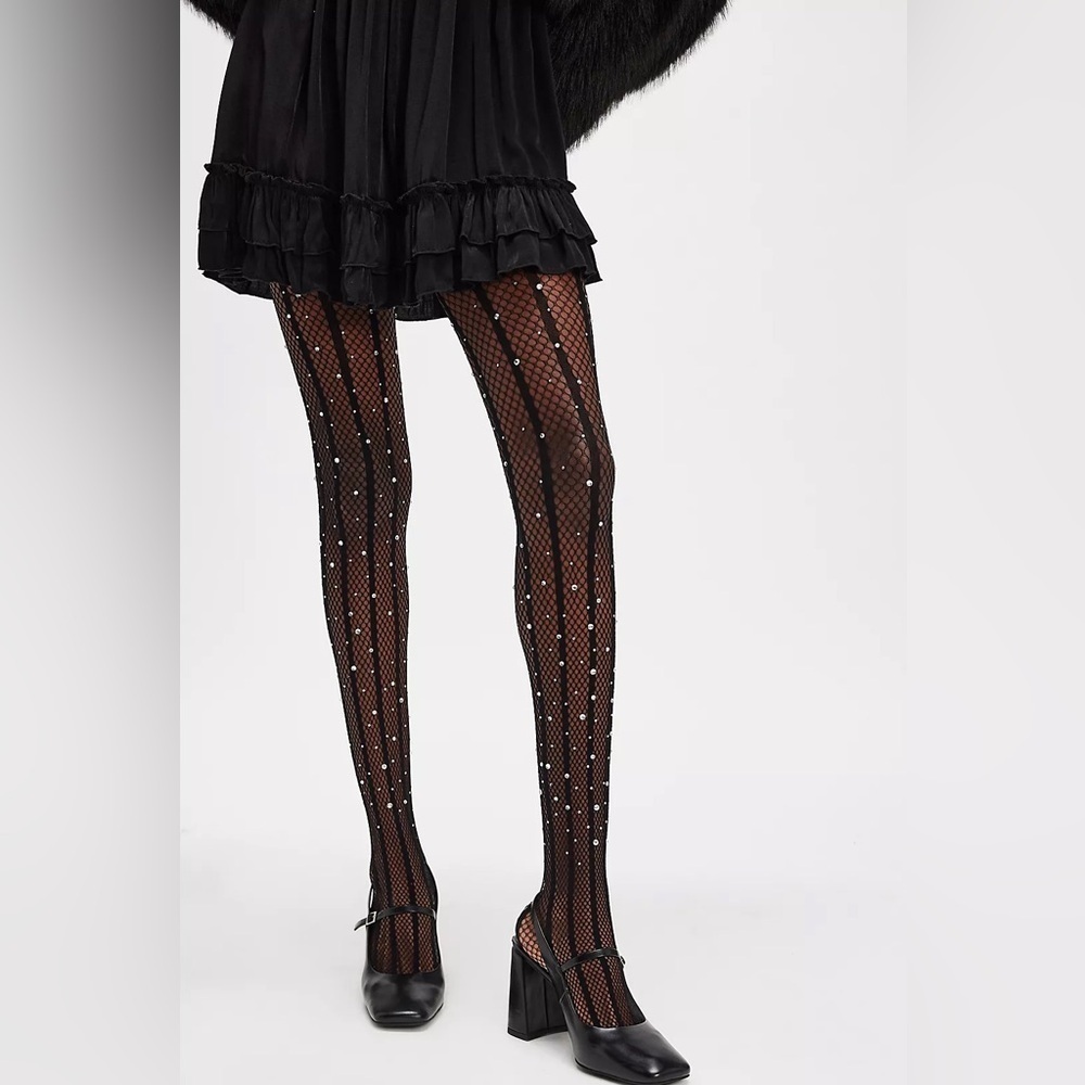 Free people X high heel jungle strobe glitter fishnet tights one size new in